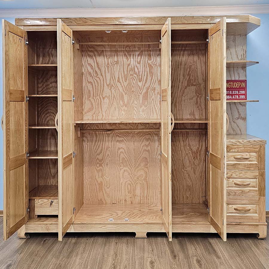 Tủ Quần Áo Gỗ Sồi Hiện Đại 4 Cánh Góc Trang Trí
