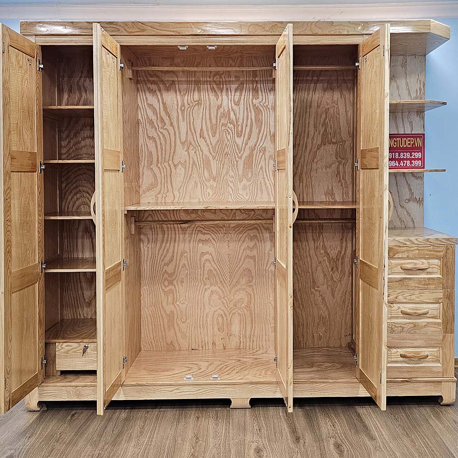 Tủ Quần Áo Gỗ Sồi Hiện Đại 4 Cánh Góc Trang Trí