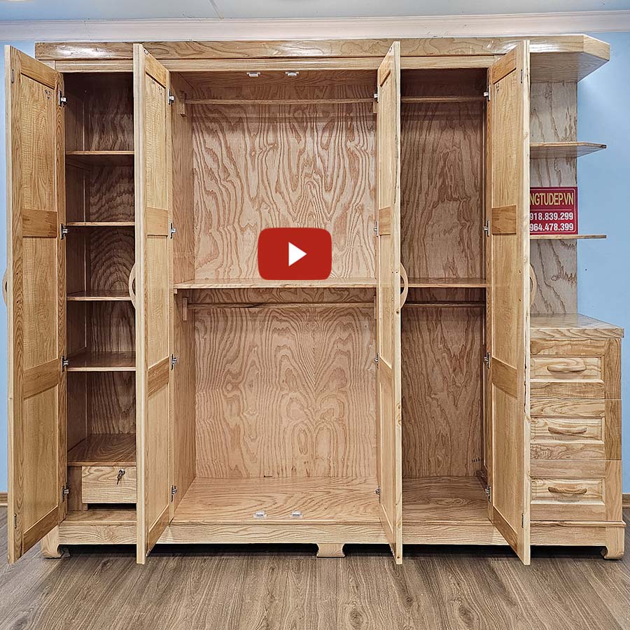 Tủ Quần Áo Gỗ Sồi Hiện Đại 4 Cánh Góc Trang Trí
