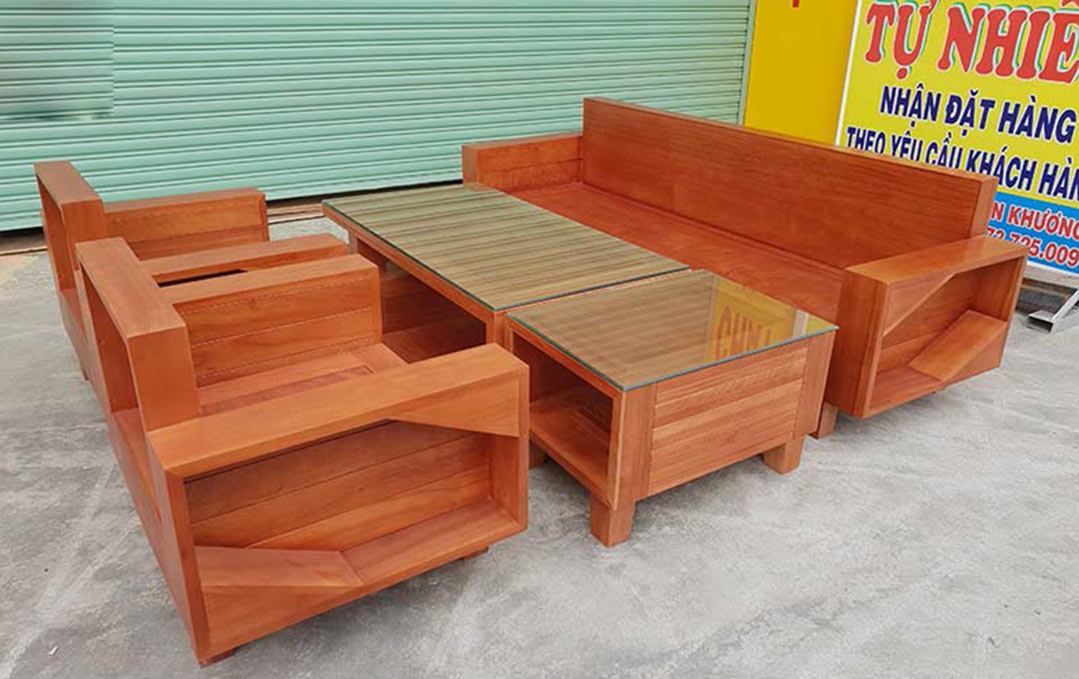 Sofa đối tay vuông gỗ xoan đào SF003