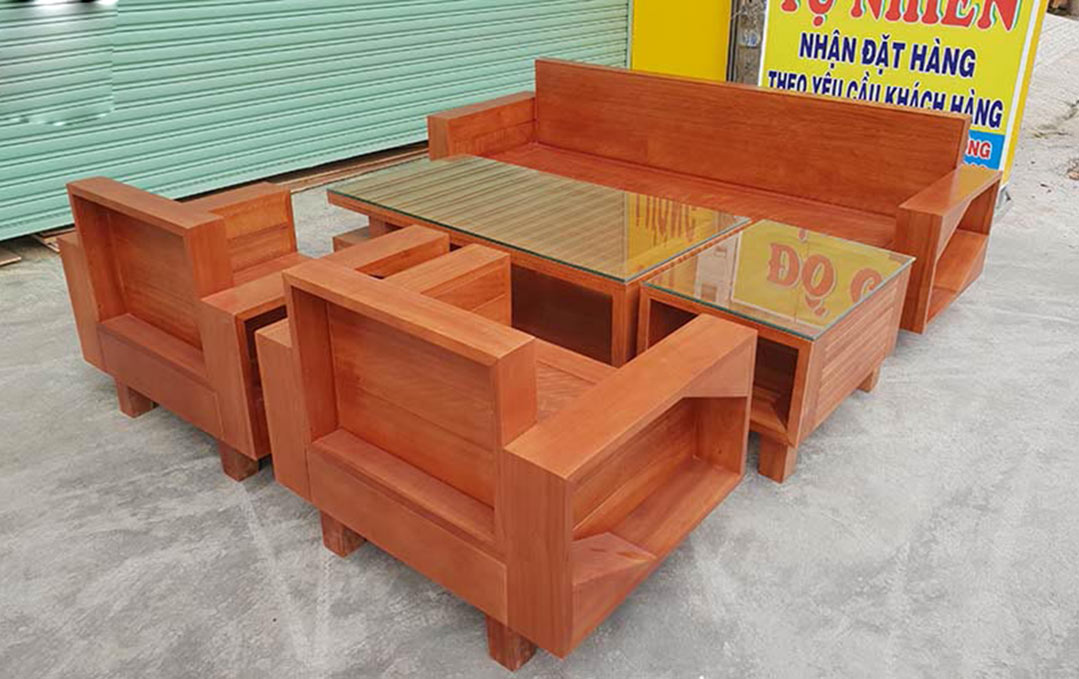 Sofa đối tay vuông gỗ xoan đào SF003